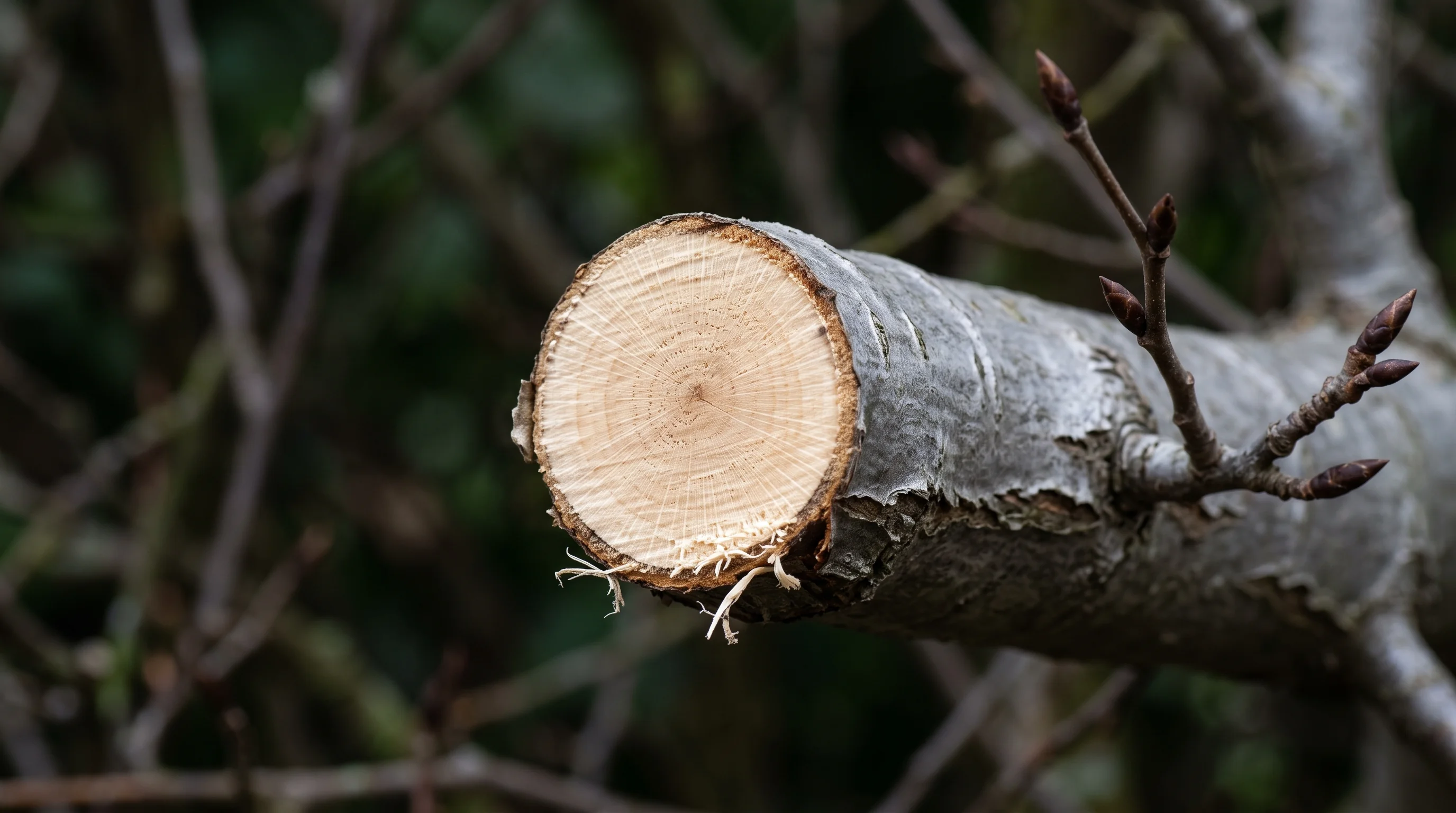 Hainbuche schneiden: frischer Schnitt an einem Hainbuchenast mit hellem Holz und glatter grauer Rinde