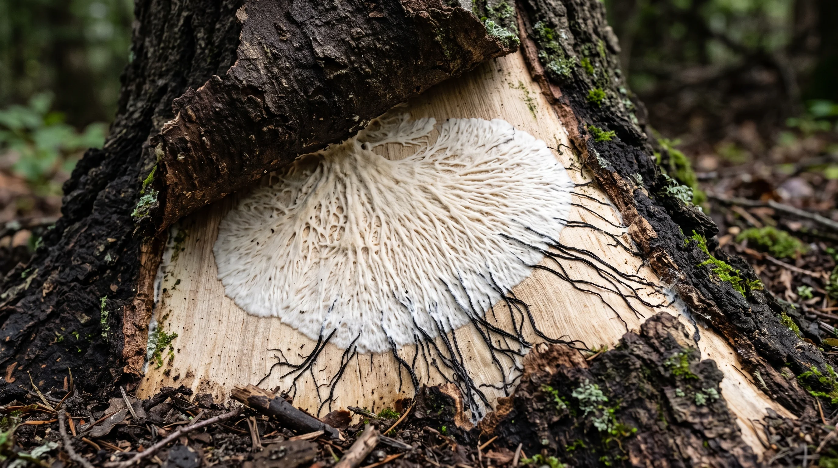 Hallimasch am Baum: weißer Myzelfächer unter abgelöster Rinde am Stammfuß