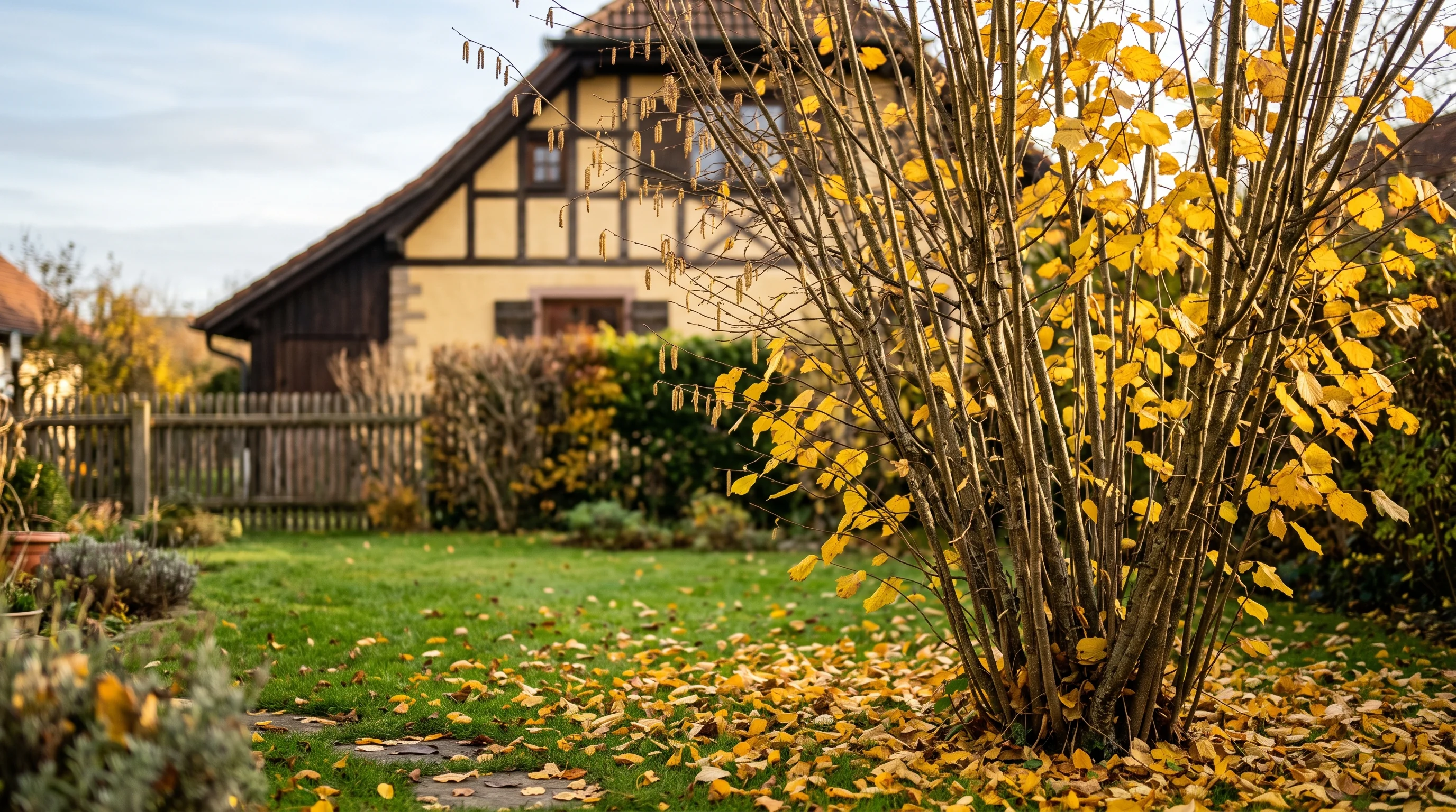 Haselnuss schneiden im Herbst: mehrstämmiger Haselnussstrauch mit goldgelbem Laub in einem Garten bei Ulm