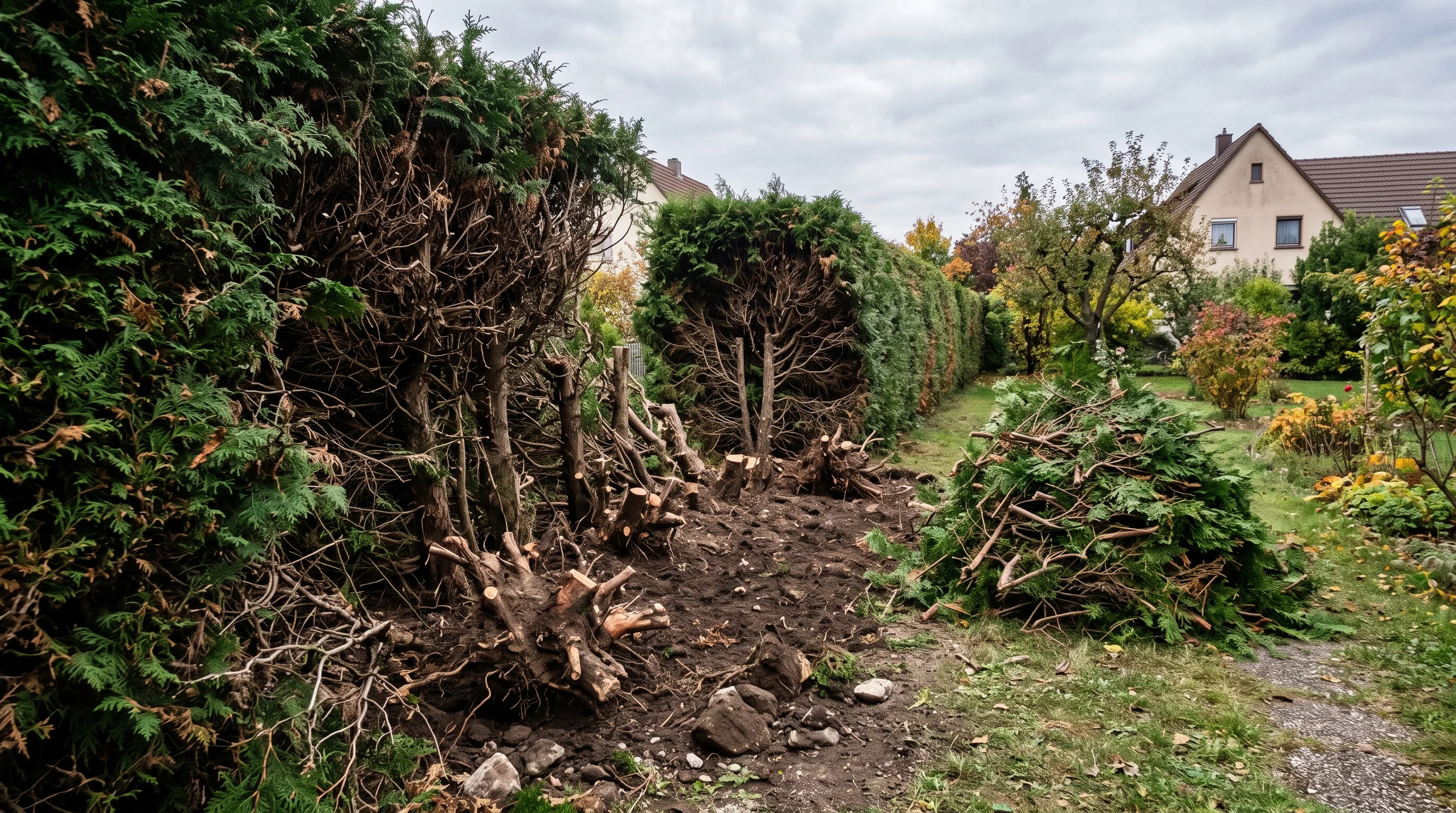 Hecke entfernen: alte Thujahecke mit freigelegten Wurzelstöcken in einem Garten bei Ulm