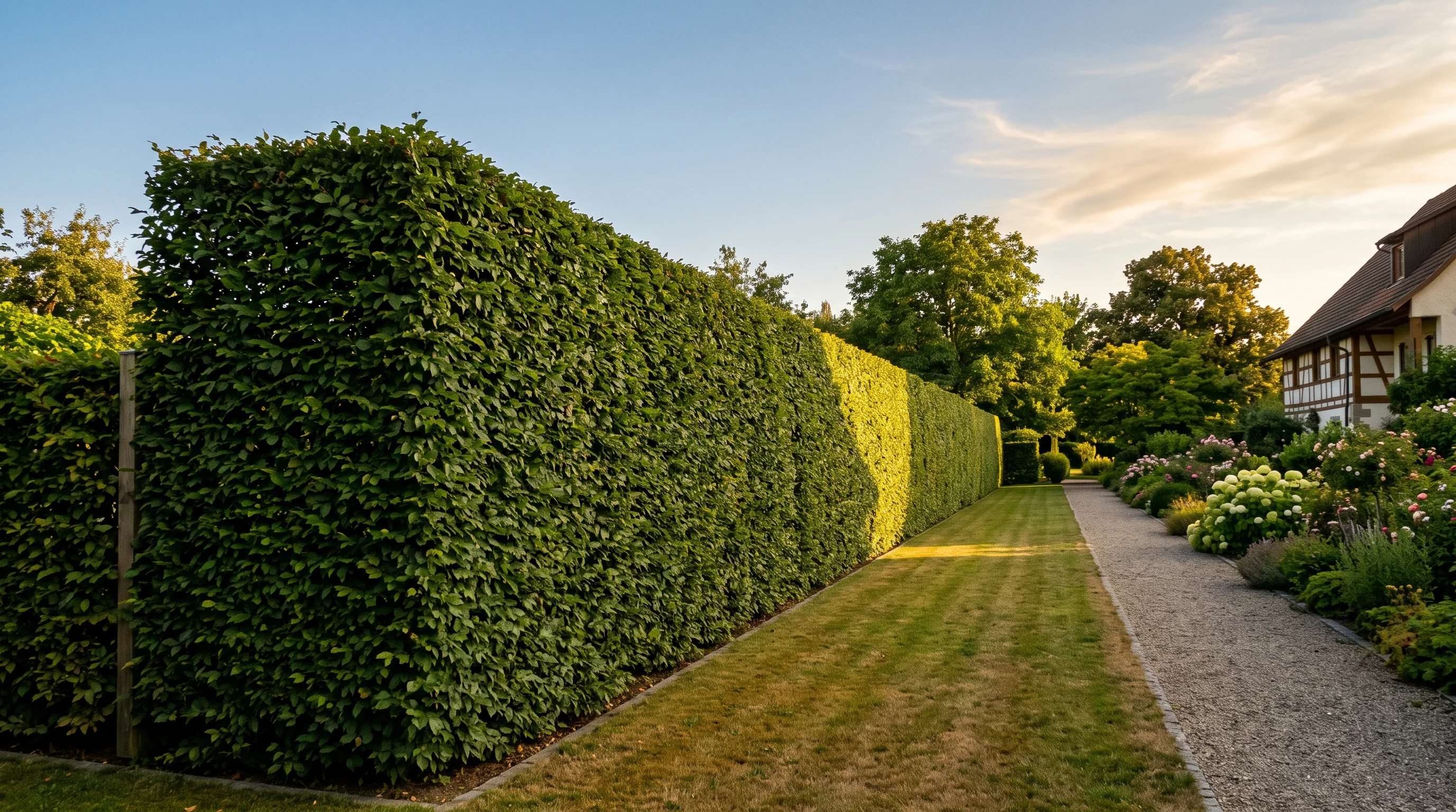 Hecke schneiden Kosten: exakt geschnittene grüne Gartenhecke mit sauberer Schnittkante im Nachmittagslicht
