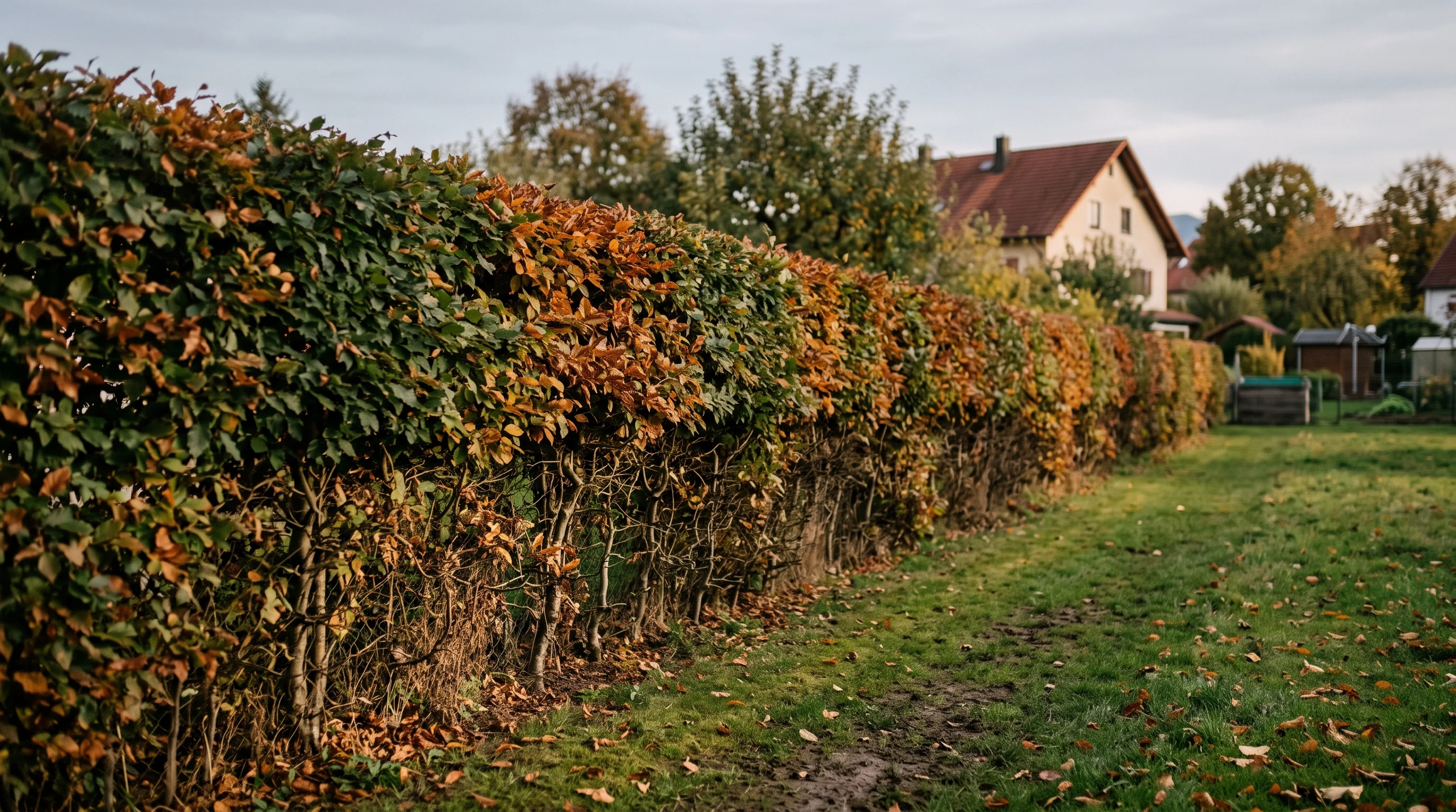 Hecke verjüngen: dicht gewachsene Laubhecke im Spätherbst vor dem Radikalschnitt