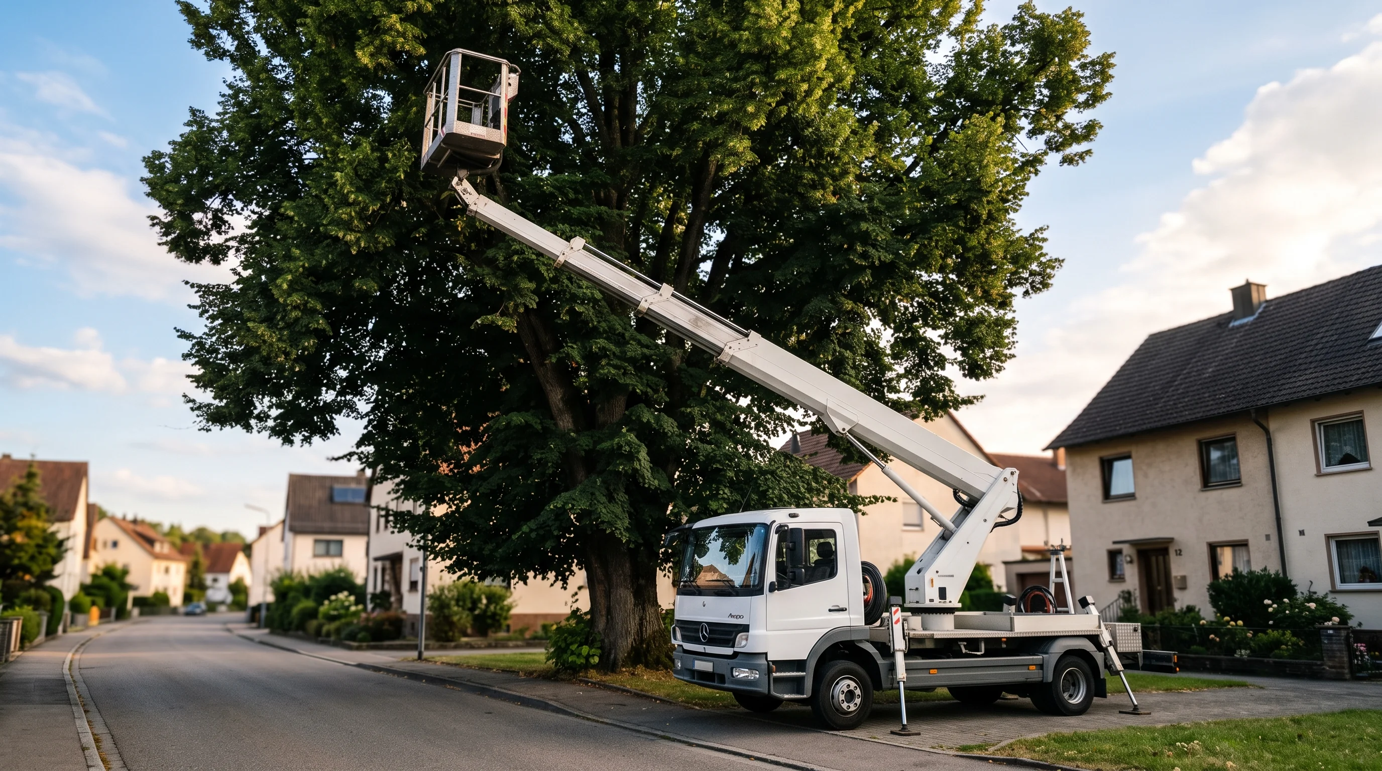 Hubsteiger Baumfällung: Hubarbeitsbühne mit ausgefahrenem Ausleger an einer großen Linde in Ulm