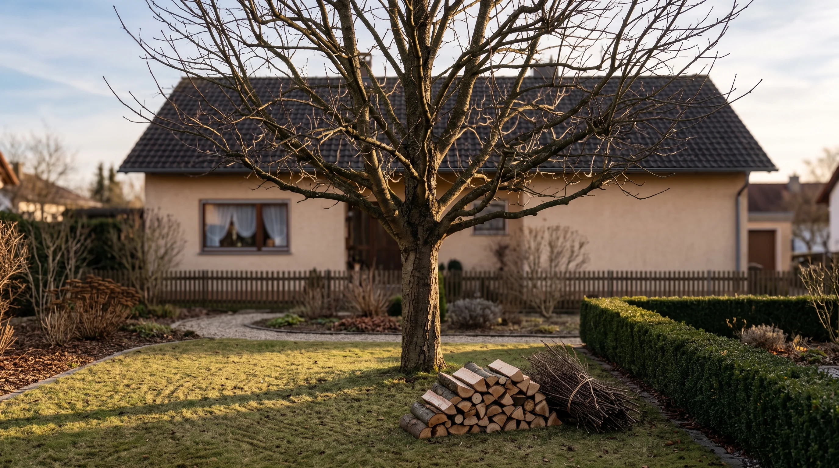 Kastanie schneiden: aufgeräumter Garten unter einer großen Kastanienkrone nach dem Winterschnitt