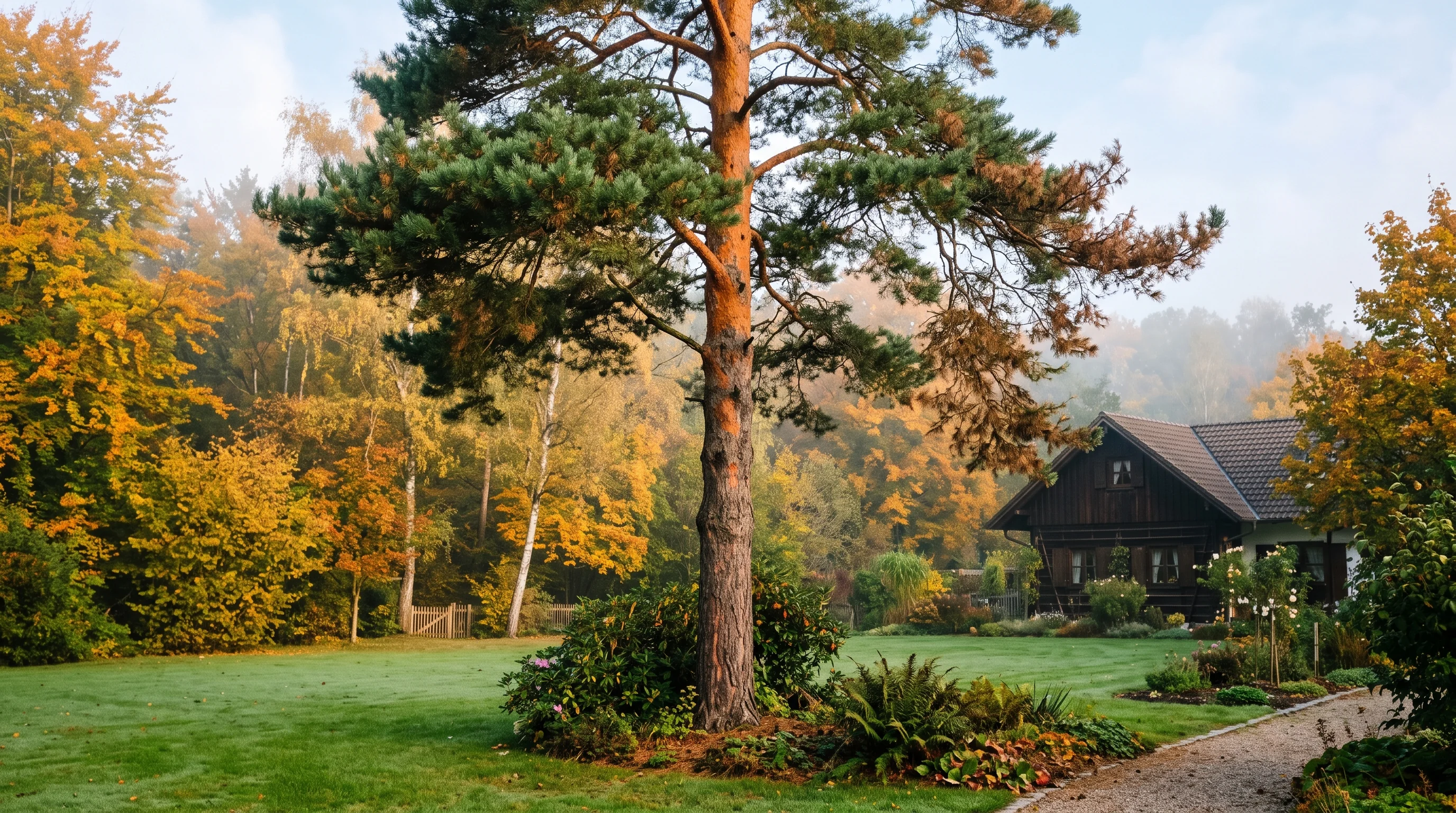 Kiefer fällen: hohe Waldkiefer mit rötlicher Rinde und lichter Krone im Garten an einem Herbstmorgen