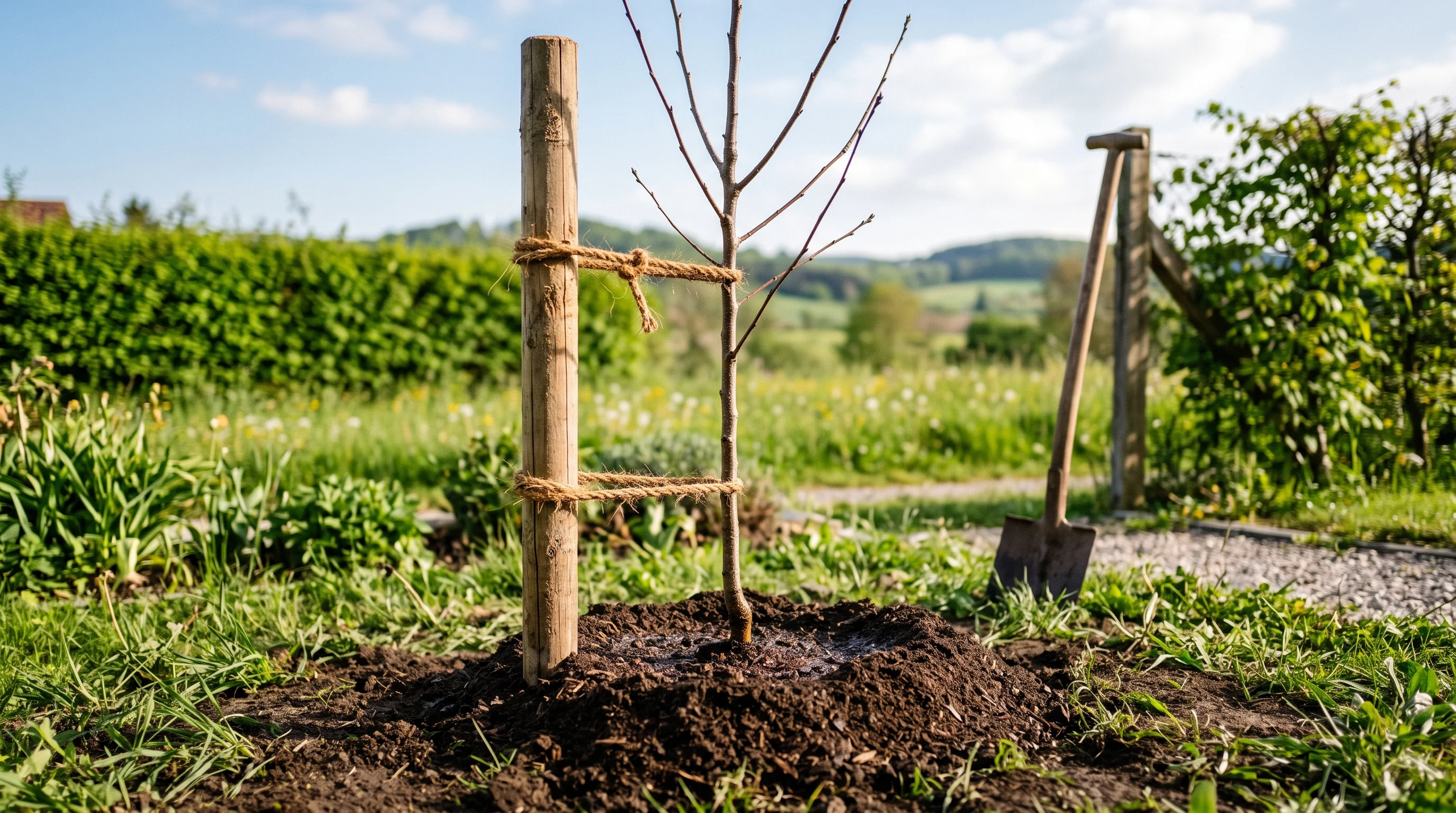 Kirschbaum pflanzen: junger Kirschbaum mit Stützpfahl in frisch aufgeworfener Erde im Frühling
