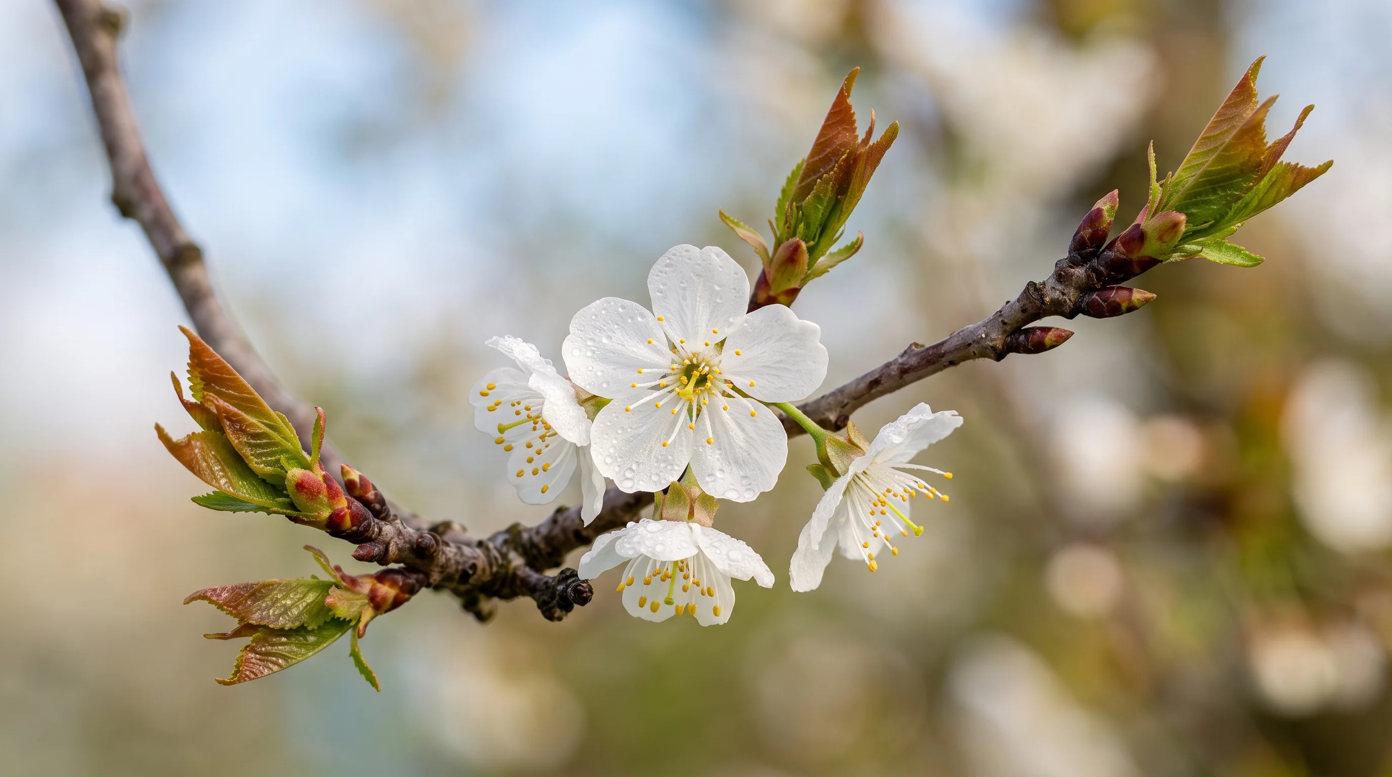 Kirschbaum pflanzen: frische Kirschblüte an einem jungen Obstbaumzweig im Frühling