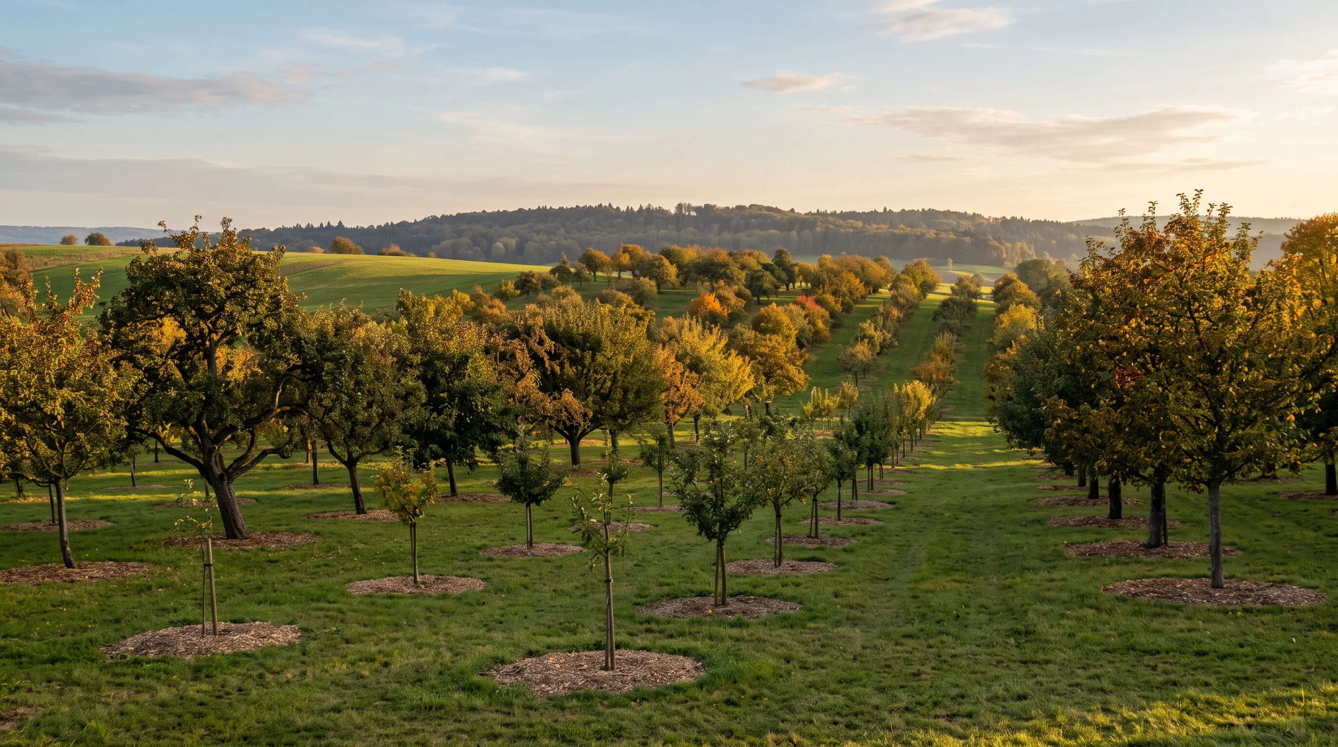 Kirschbaum pflanzen: gepflegter Obstgarten mit jungen Obstbäumen und freier Baumscheibe im Abendlicht