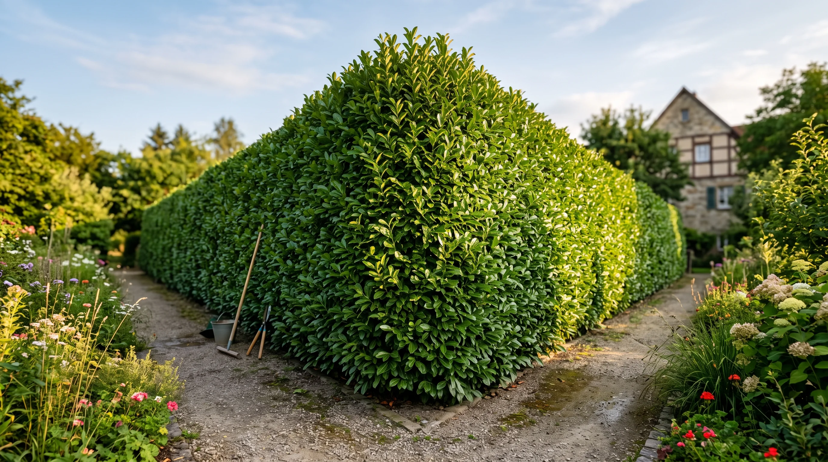 Kirschlorbeer schneiden: dicht gewachsene, sattgrüne Kirschlorbeerhecke mit glänzenden Blättern im Garten