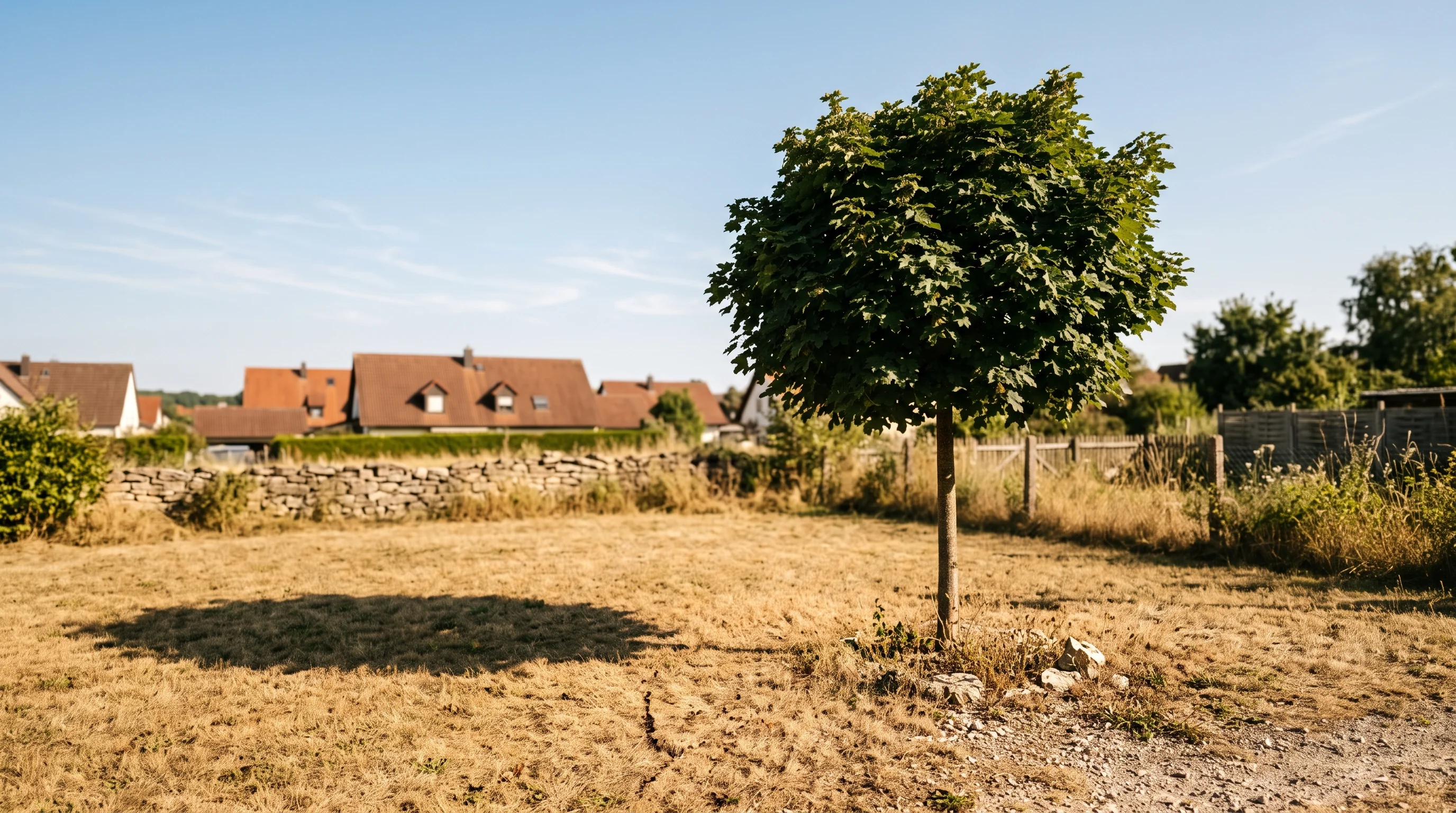 Klimabäume in Ulm: junger Feldahorn mit kräftiger Krone an einem sonnigen Sommertag