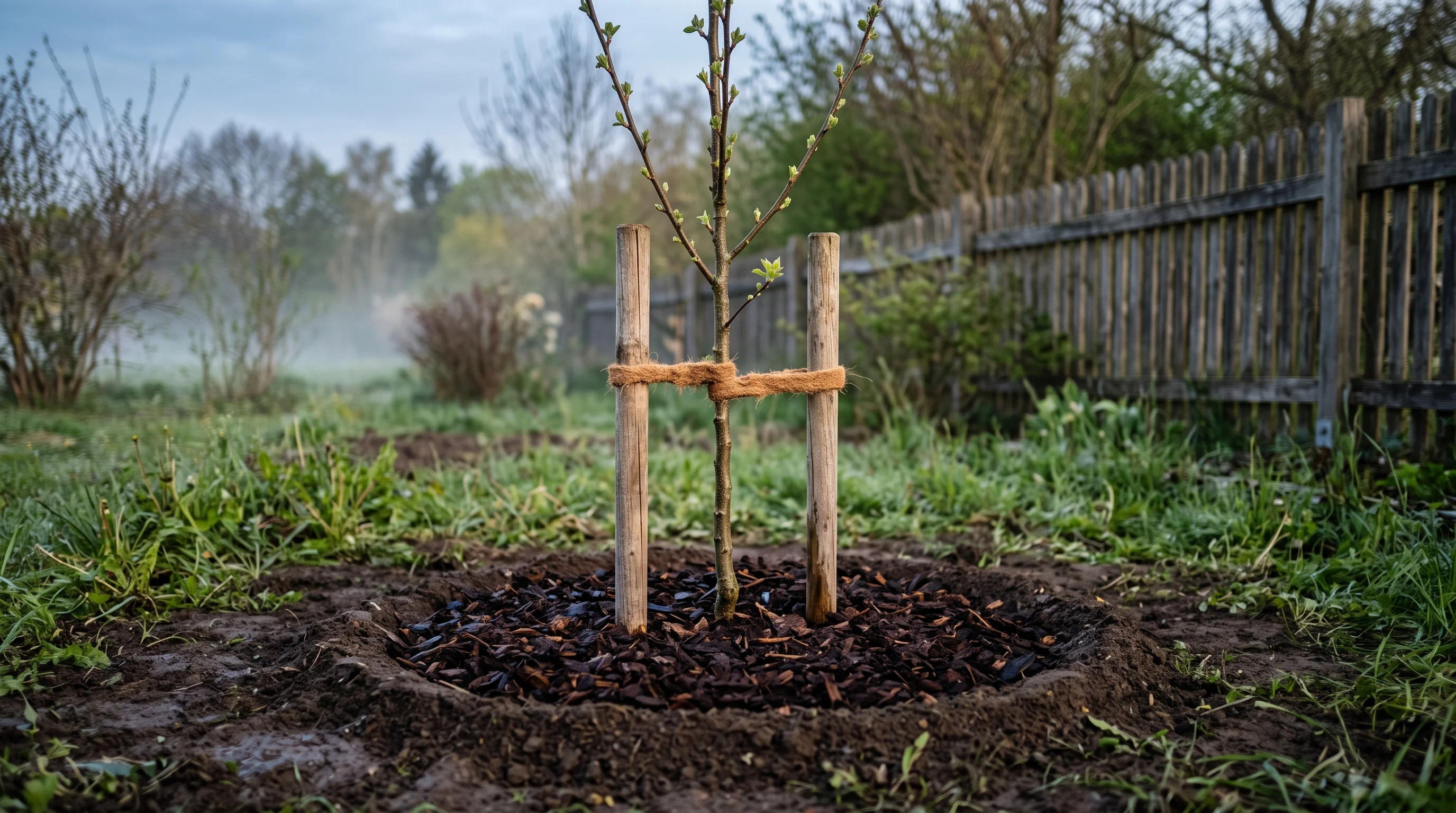 Klimabäume für Ulm: junger Laubbaum mit Stützpfahl und gemulchter Baumscheibe in einem Garten