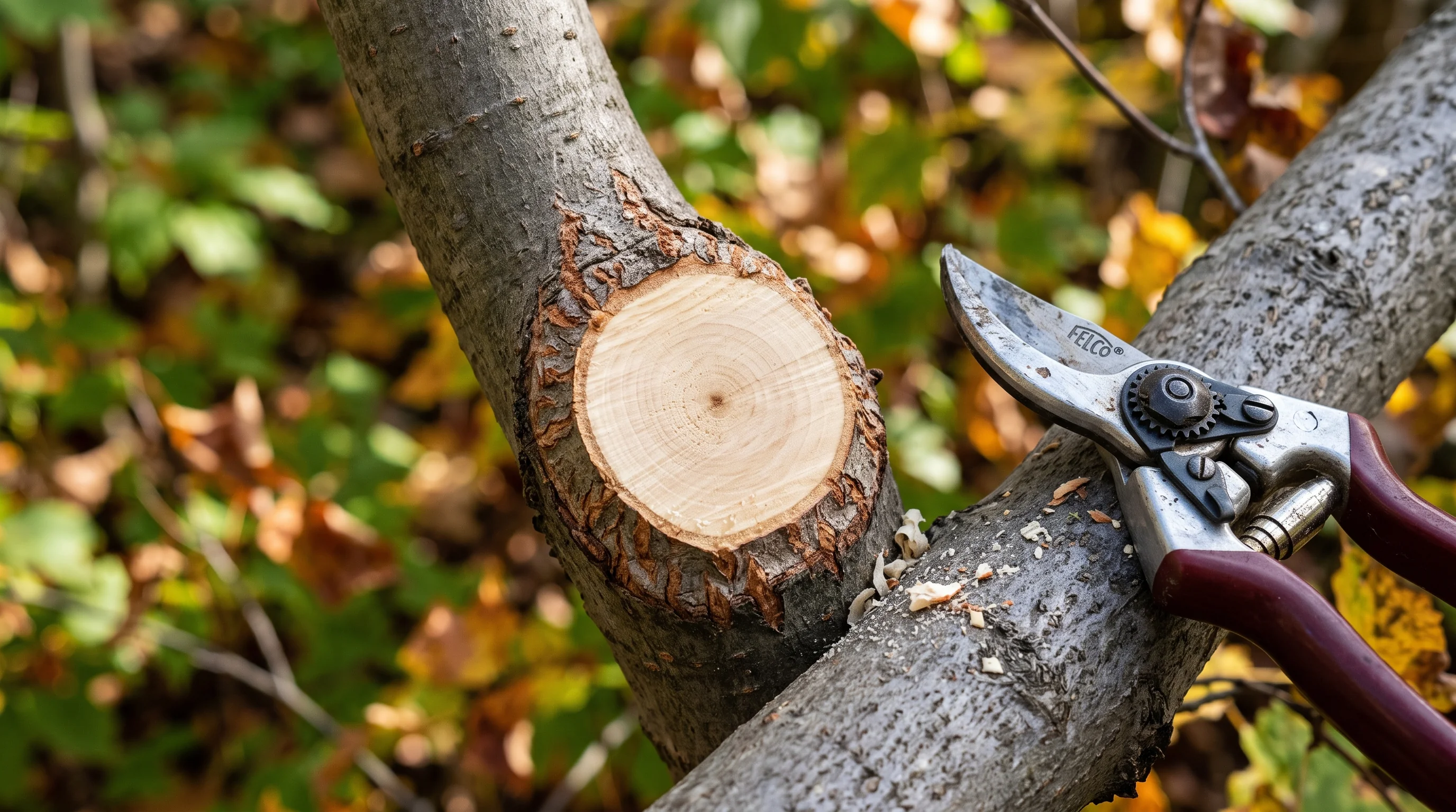 Kugelbaum schneiden – frische, saubere Schnittfläche am Ast eines Kugelahorns im Detail