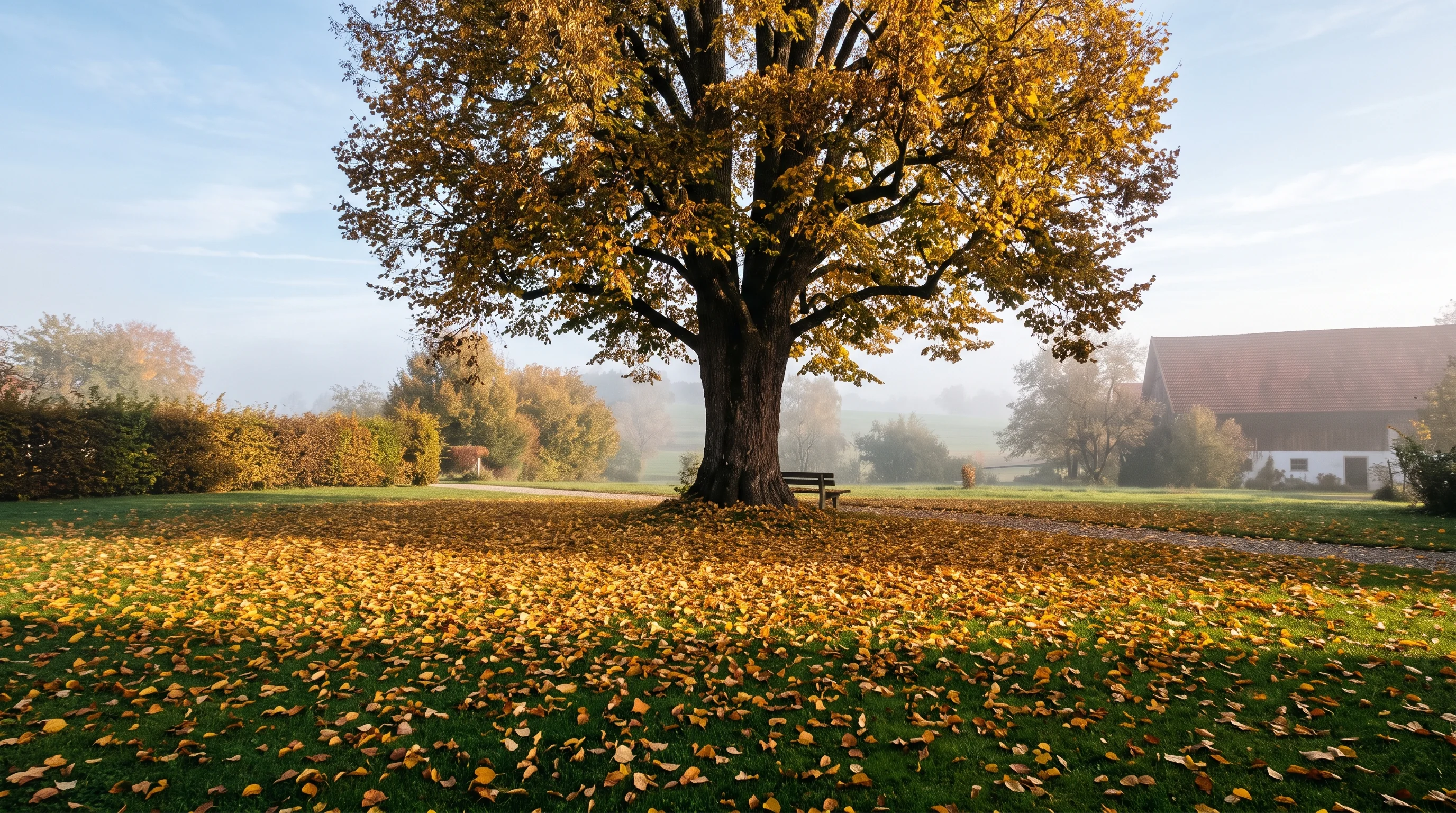 Laub entfernen im Herbst: goldenes Herbstlaub unter einem großen Laubbaum auf gepflegtem Rasen
