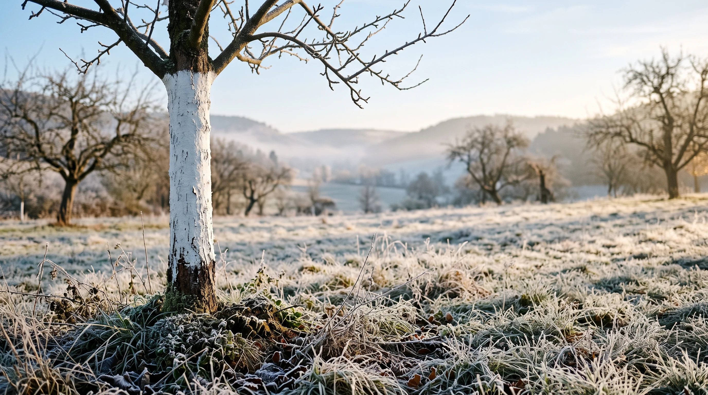 Obstbäume kalken: weiß gestrichener Apfelbaumstamm auf einer frostigen Streuobstwiese im Winter