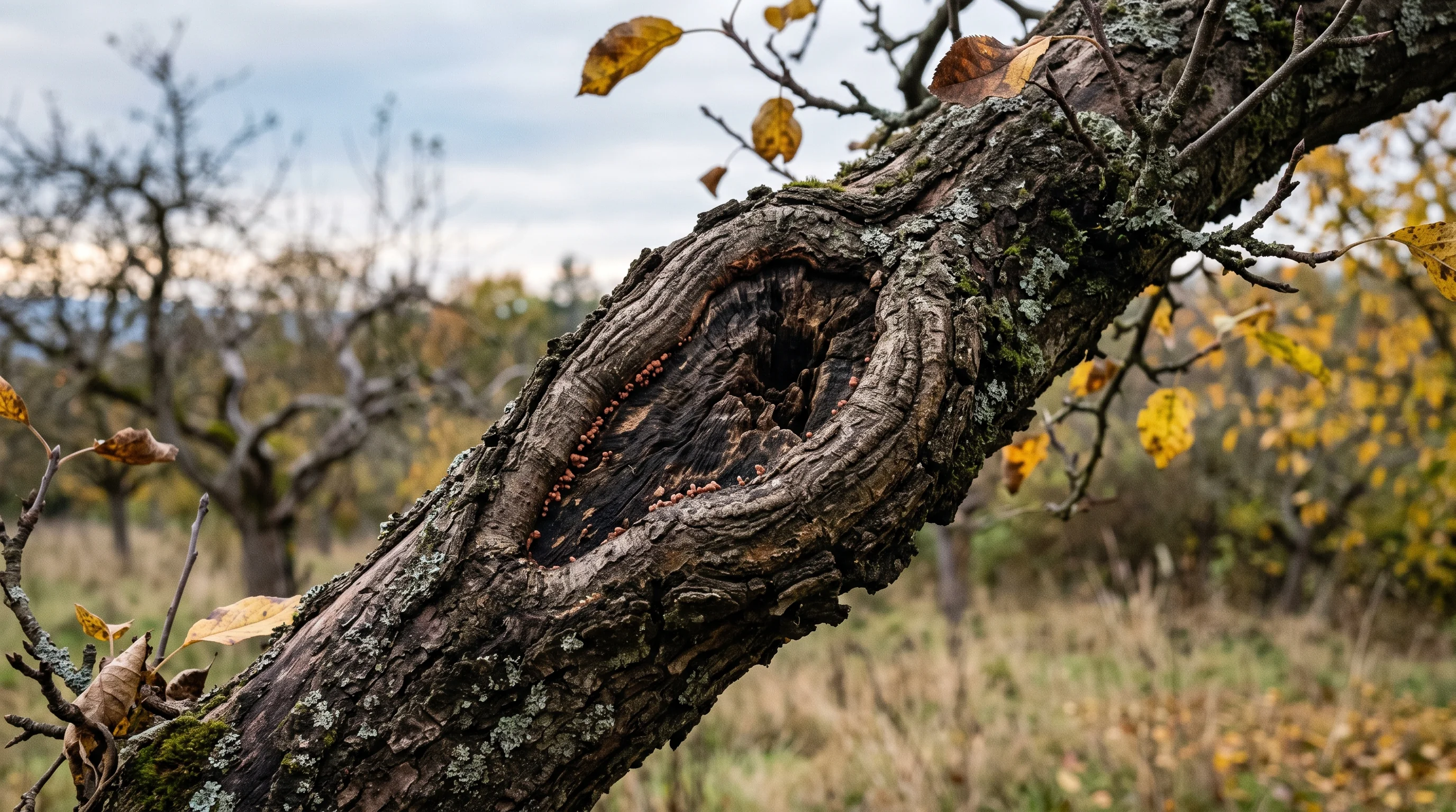 Obstbaumkrebs an einem alten Apfelbaumast mit aufgeplatzter Rinde und wulstigen Überwallungsrändern im Herbstlicht