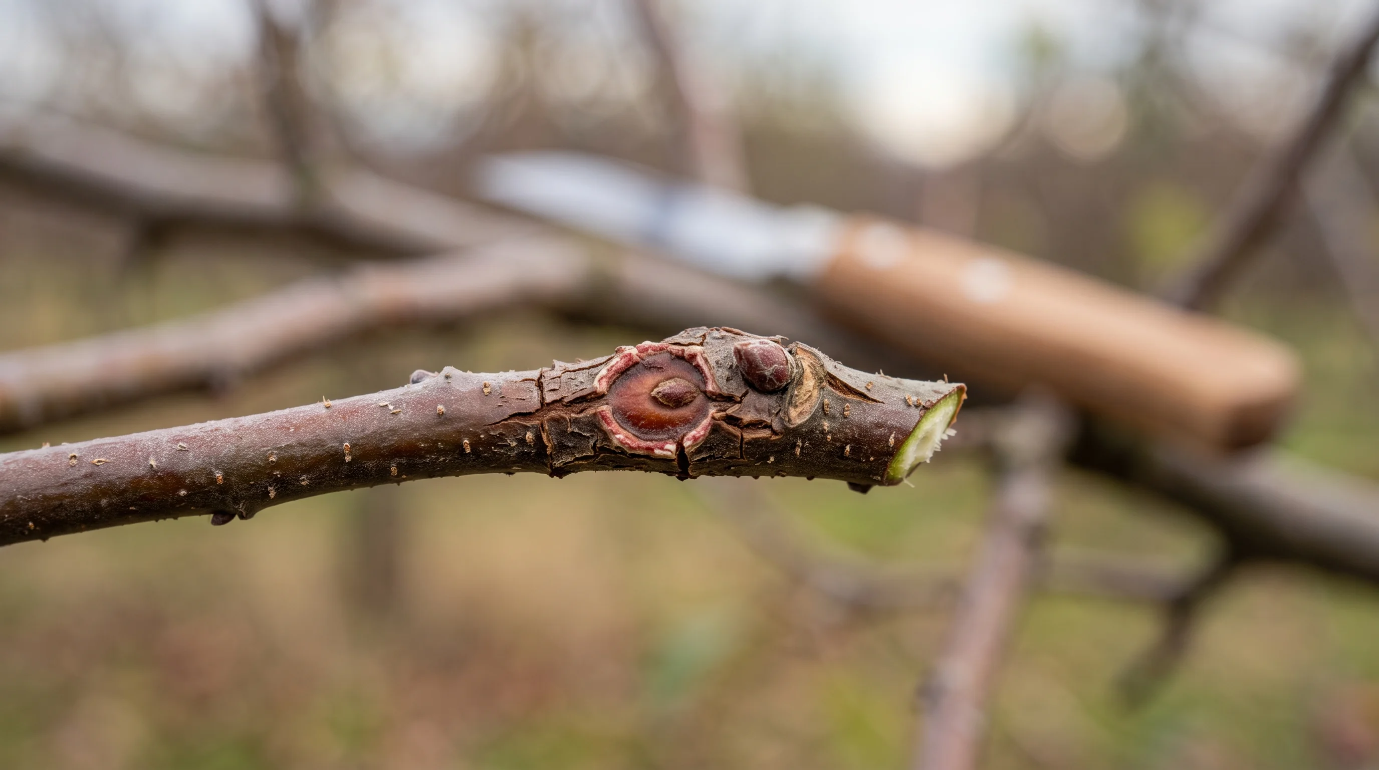 Obstbaumkrebs im Detail: eingesunkene Rindenstelle mit ringförmigen Überwallungen an einem Apfelzweig