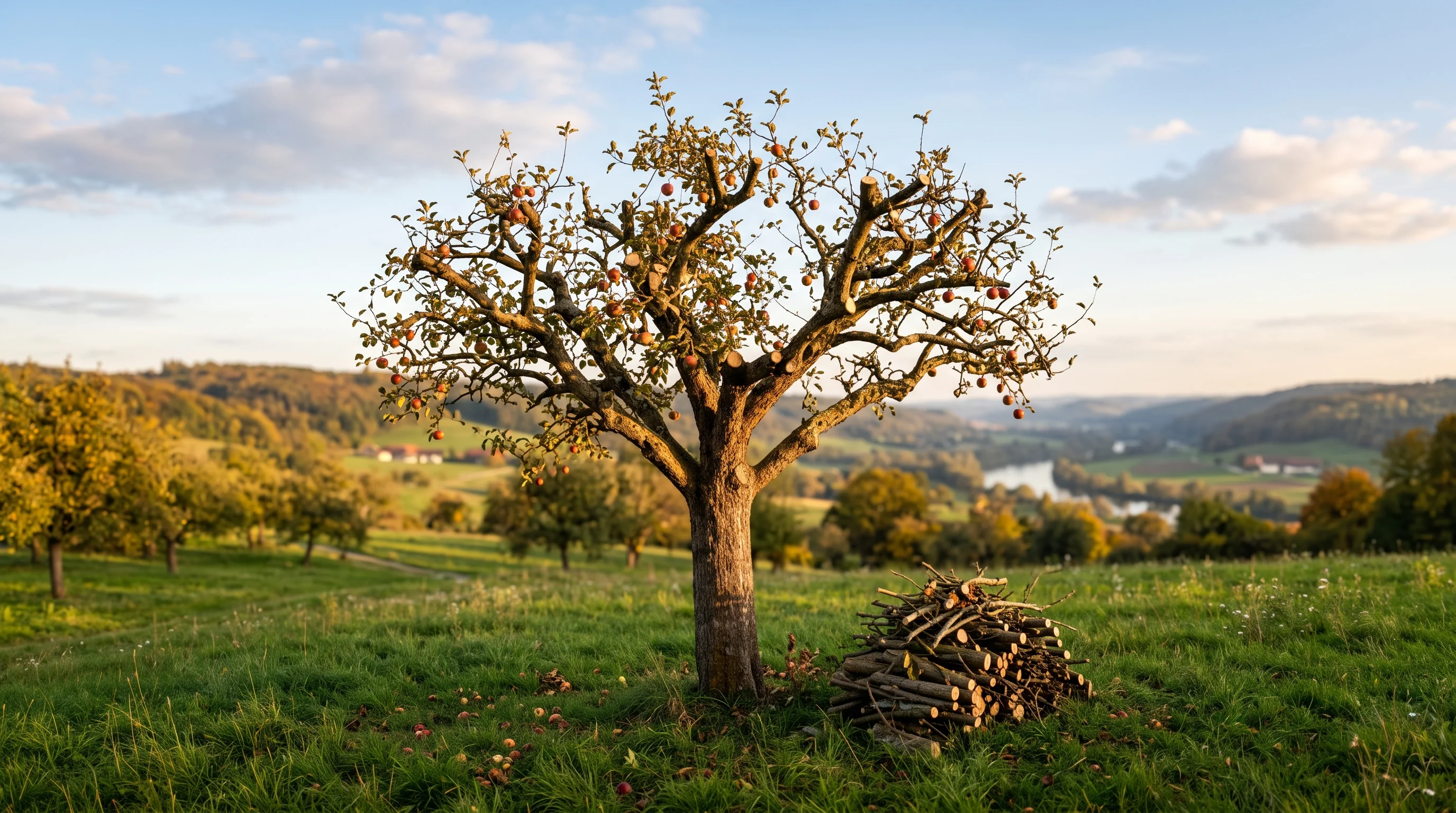 Gesunder, gepflegter Apfelbaum-Hochstamm auf einer Streuobstwiese nach einem fachgerechten Sanierungsschnitt gegen Obstbaumkrebs