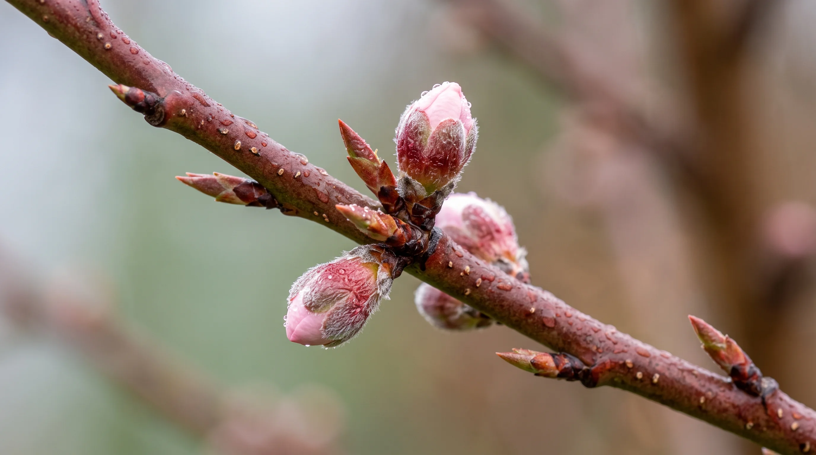 Pfirsichbaum schneiden: Detailaufnahme von Pfirsichknospen am einjährigen Trieb im Frühjahr
