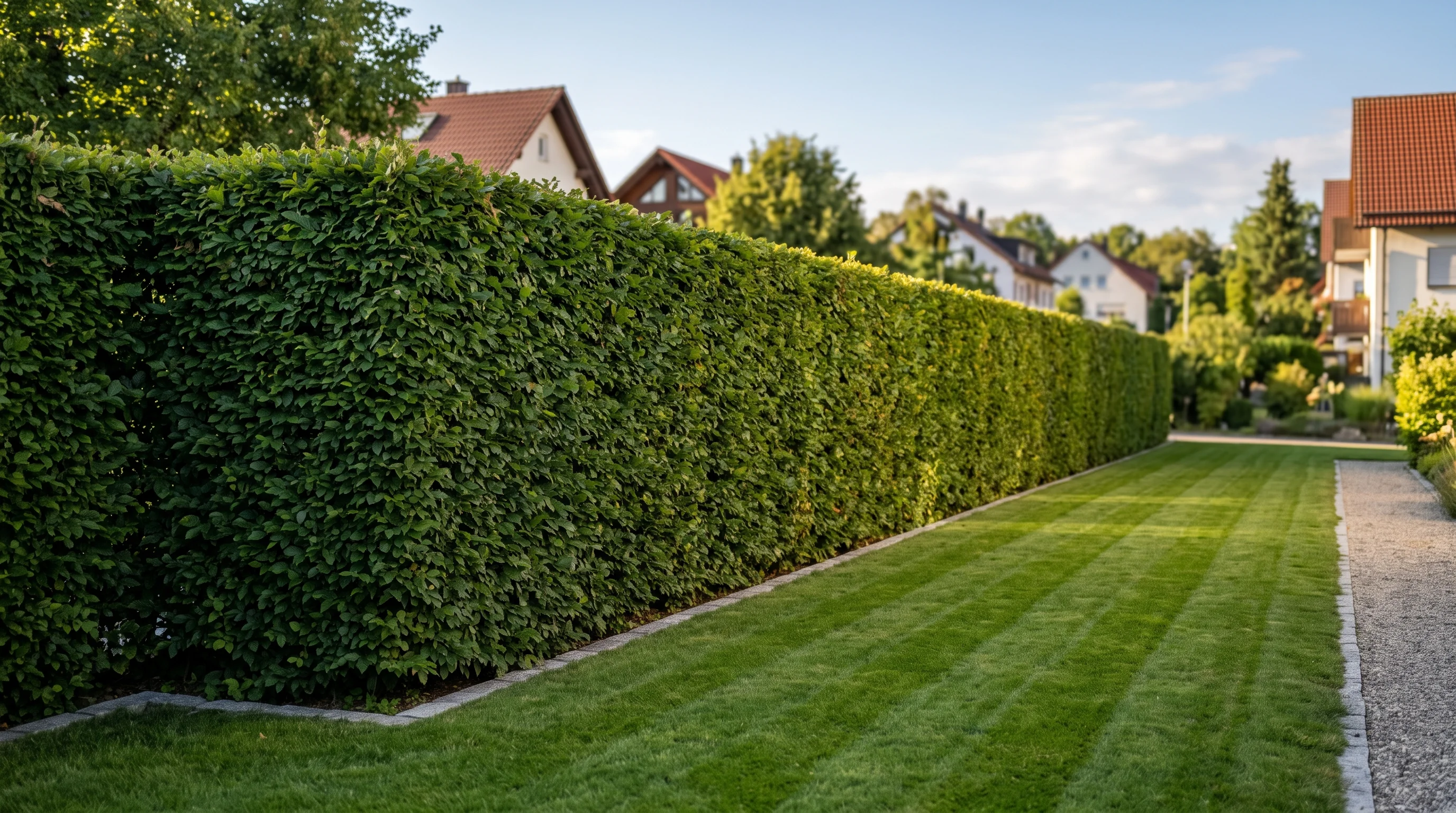 Schnellwachsende Bäume als Alternative: geschnittene Hainbuchen-Baumhecke als dichter Sichtschutz im Garten