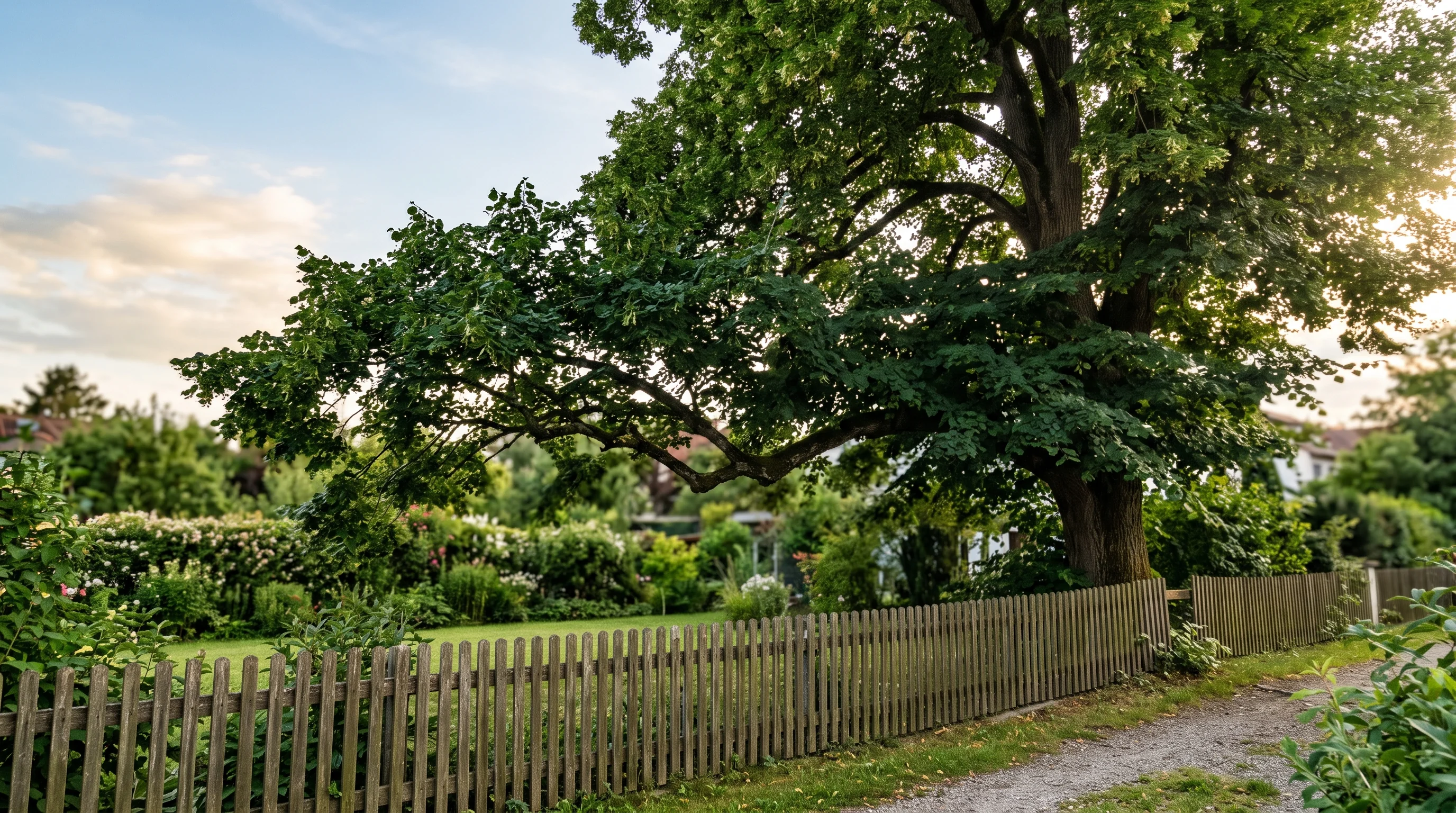 Überhängende Äste eines Nachbarbaums ragen über eine Grundstücksgrenze in einen Garten