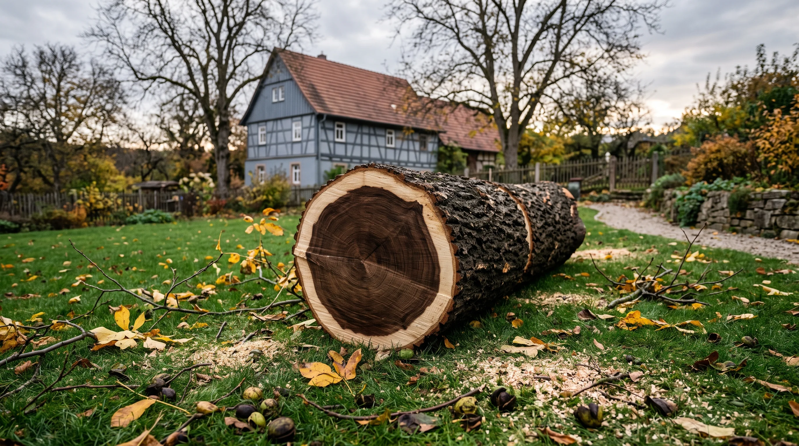 Walnussbaum fällen – frisch gefällter Walnussstamm mit dunklem Kernholz im Herbstgarten