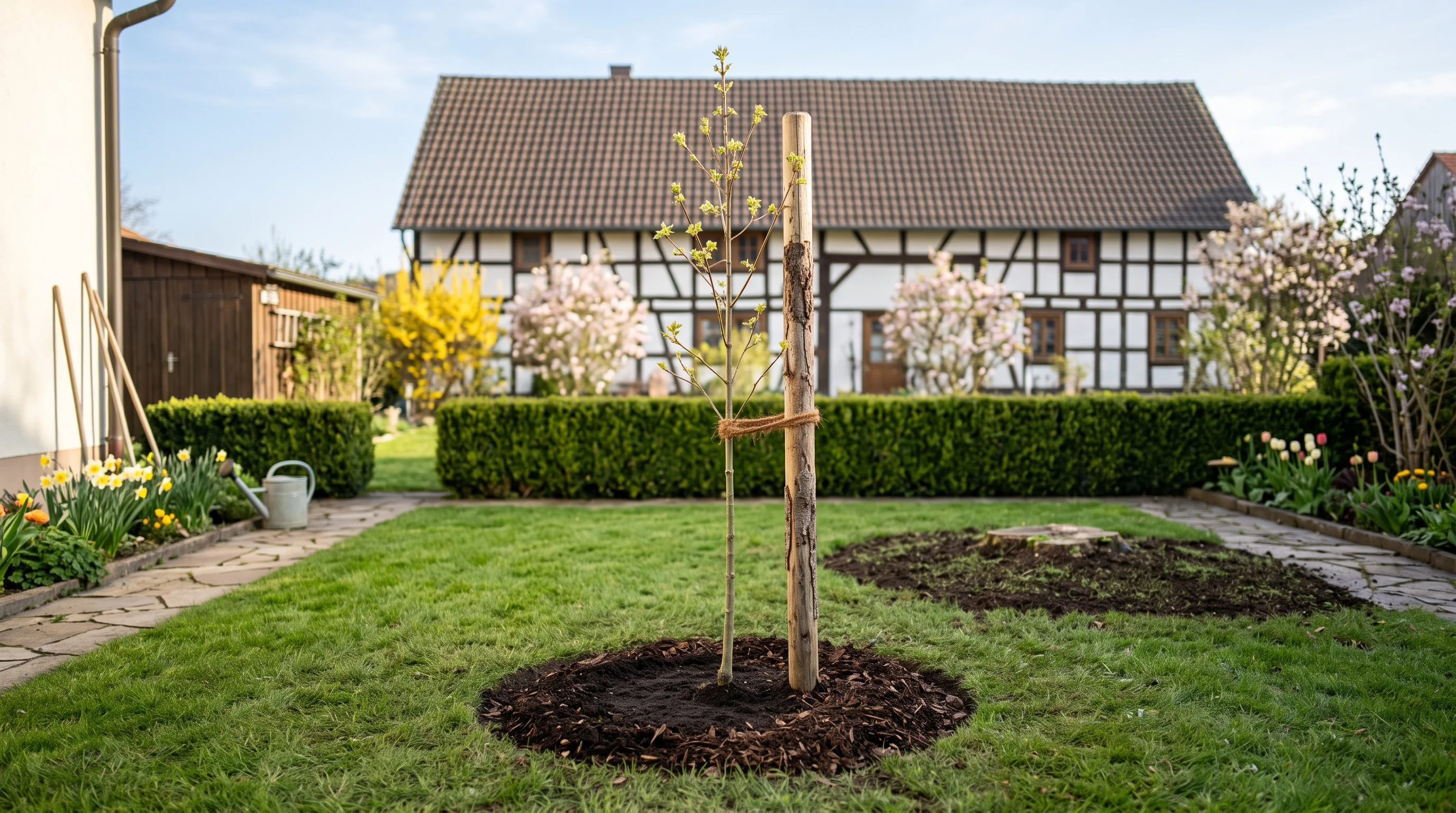 Walnussbaum fällen – aufgeräumter Garten mit frisch gepflanztem Jungbaum nach der Fällung