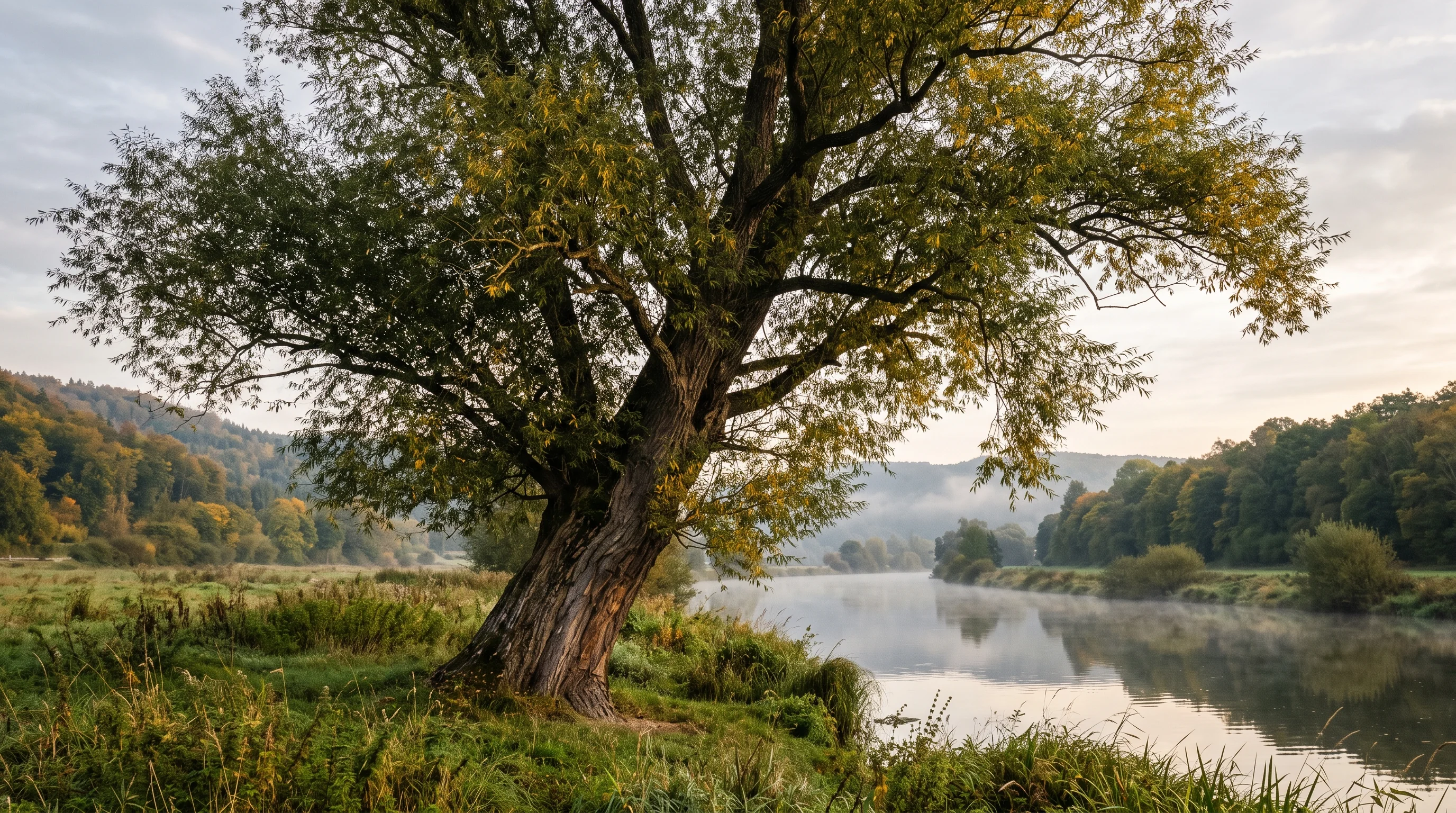 Weide fällen: alte Silberweide mit breiter Krone am Flussufer im Herbstlicht