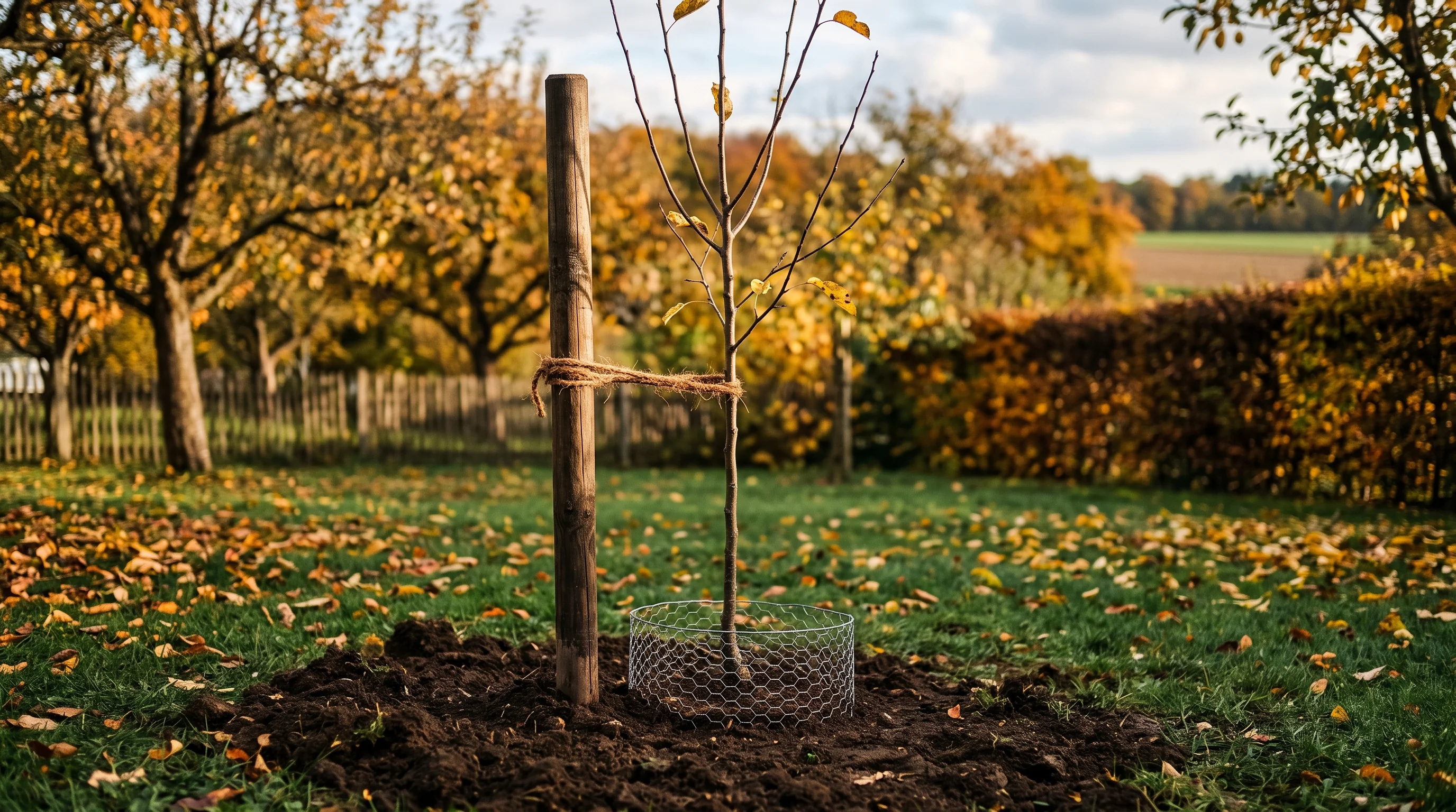 Wühlmausschutz Obstbaum: frisch gepflanzter junger Apfelbaum mit Drahtkorb im herbstlichen Garten