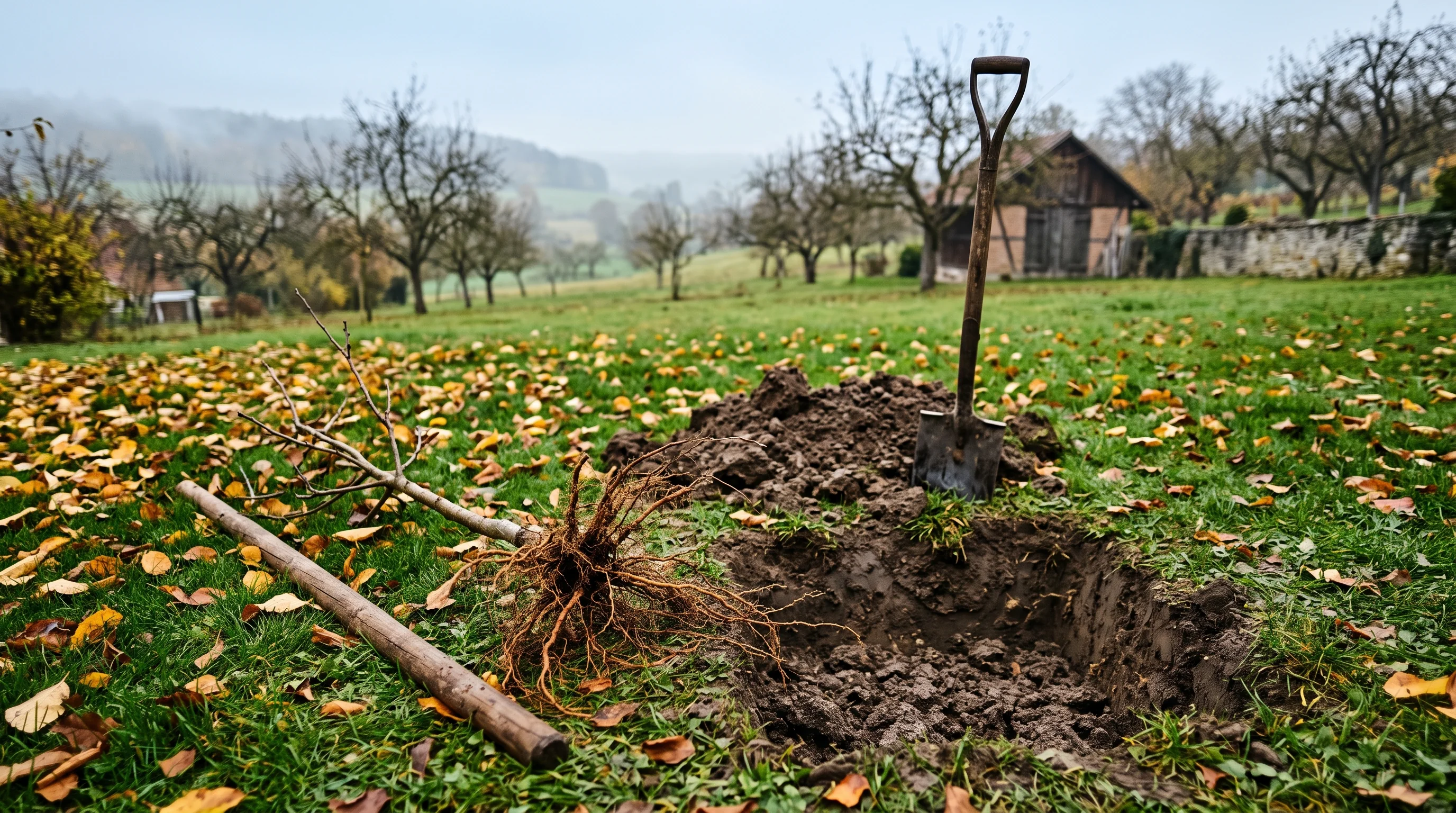 Wurzelnackte Bäume pflanzen: junger Obstbaum mit freiliegenden Wurzeln neben frisch ausgehobener Pflanzgrube im Herbst