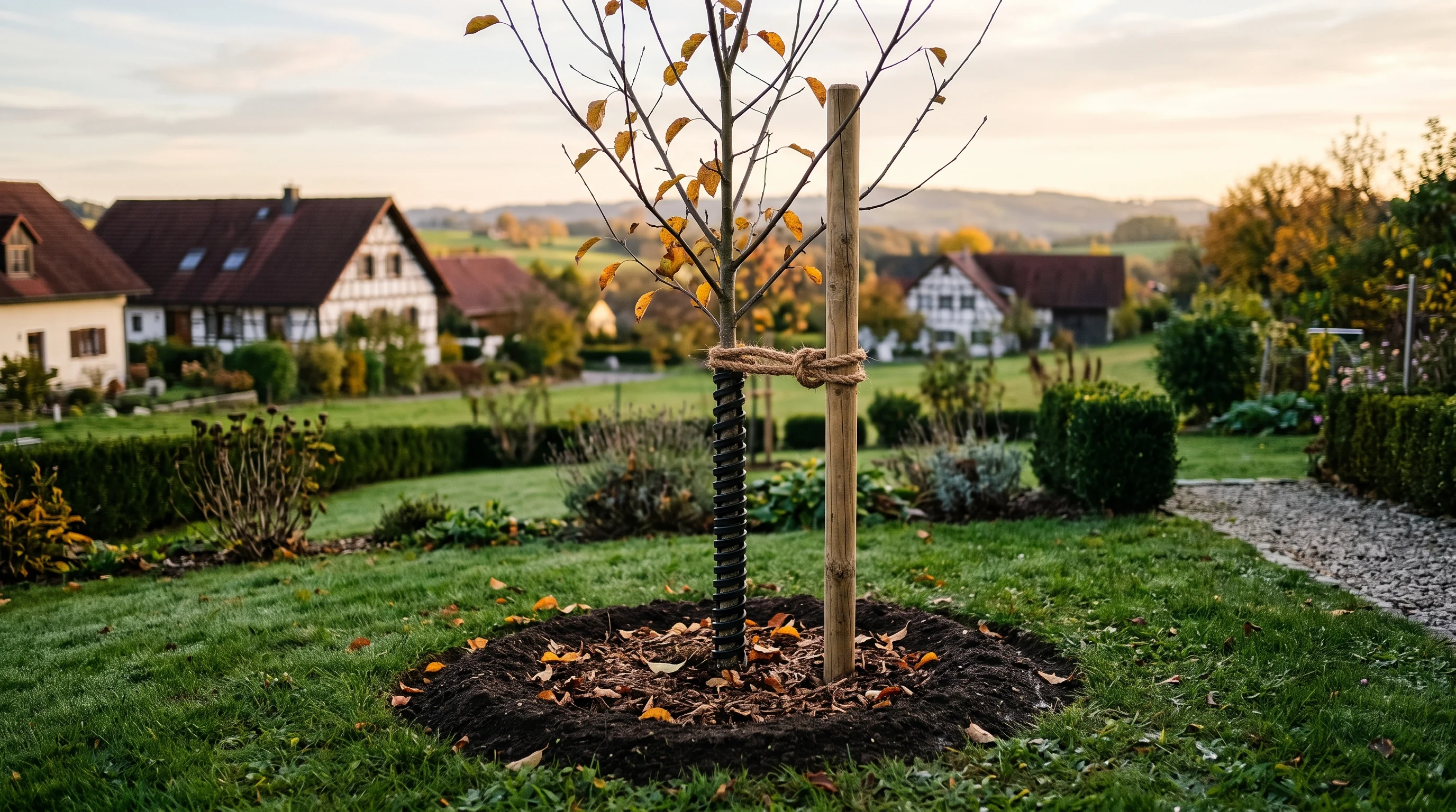 Wurzelnackte Bäume pflanzen: frisch gepflanzter Obstbaum mit Stützpfahl und Gießrand im Herbstgarten