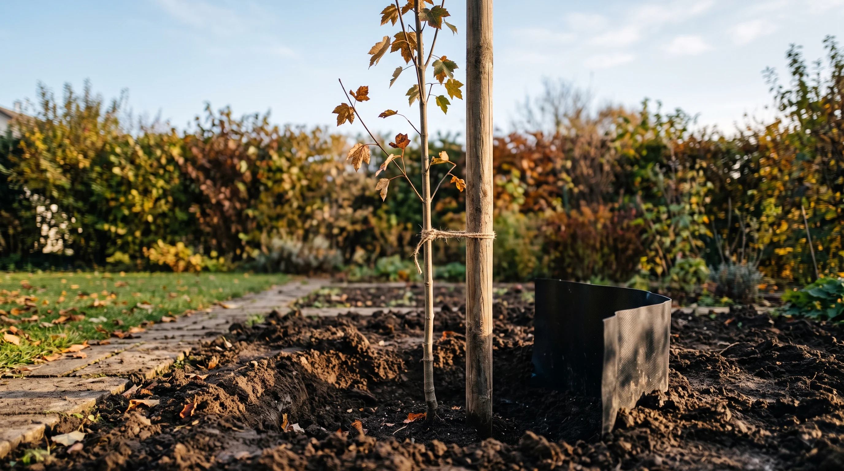 Wurzelsperre Baum: frisch gepflanzter Jungbaum mit Stützpfahl und offenem Pflanzloch im Garten